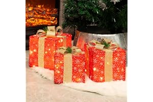 FUNPENY Set of 3 Christmas Lighted Gift Boxes, 50 LED Christmas Box Decorations, Presents Boxes with Ribbon Bows Christmas Decorations for Xmas Tree, Yard, Home, Indoor Outdoor Holiday Decor