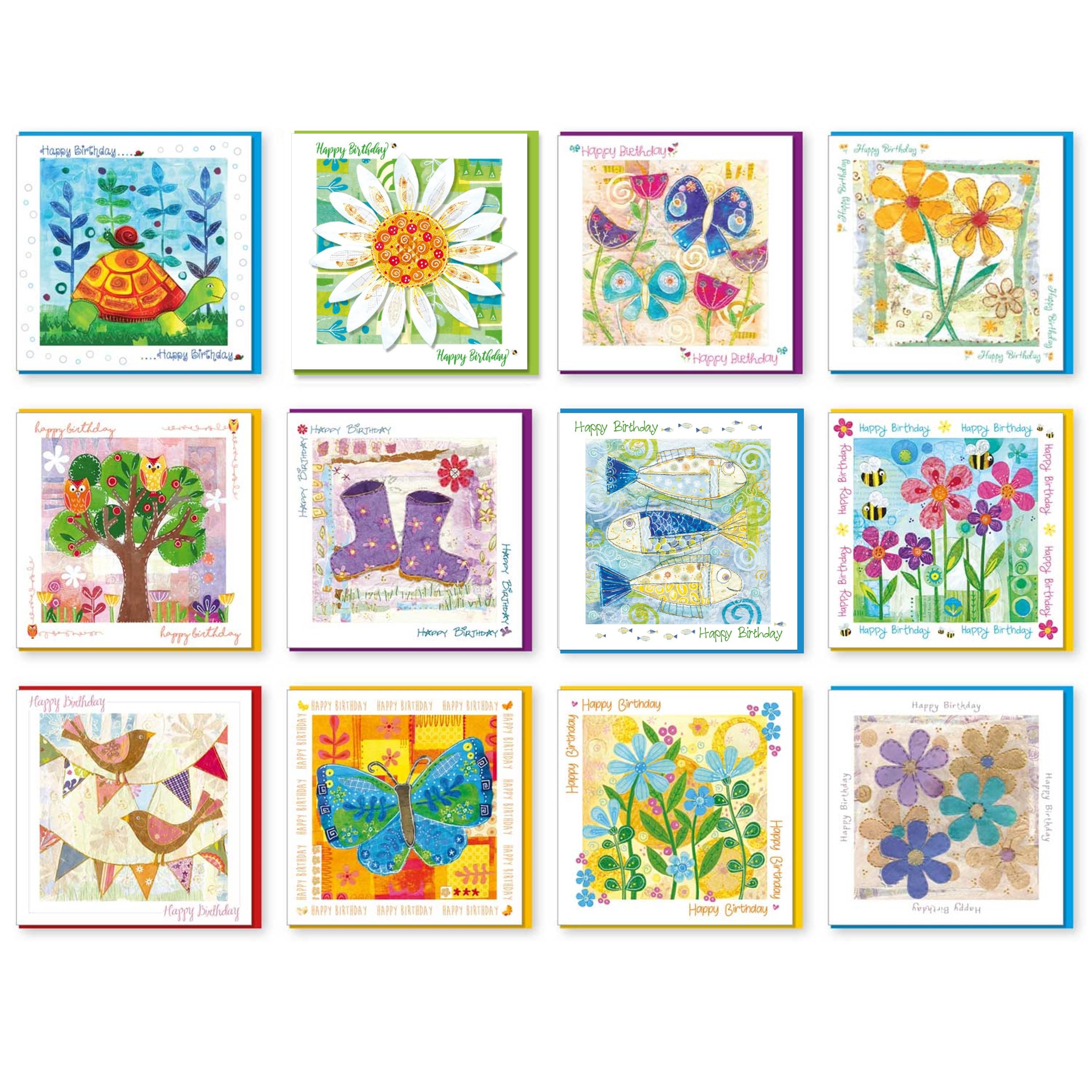 Pack of Birthday Cards for women and men, 14x14cm, 12 designs in this birthday cards multipack, each with a coloured envelope. Printed in the UK, by Just Cards Direct (GE1024)