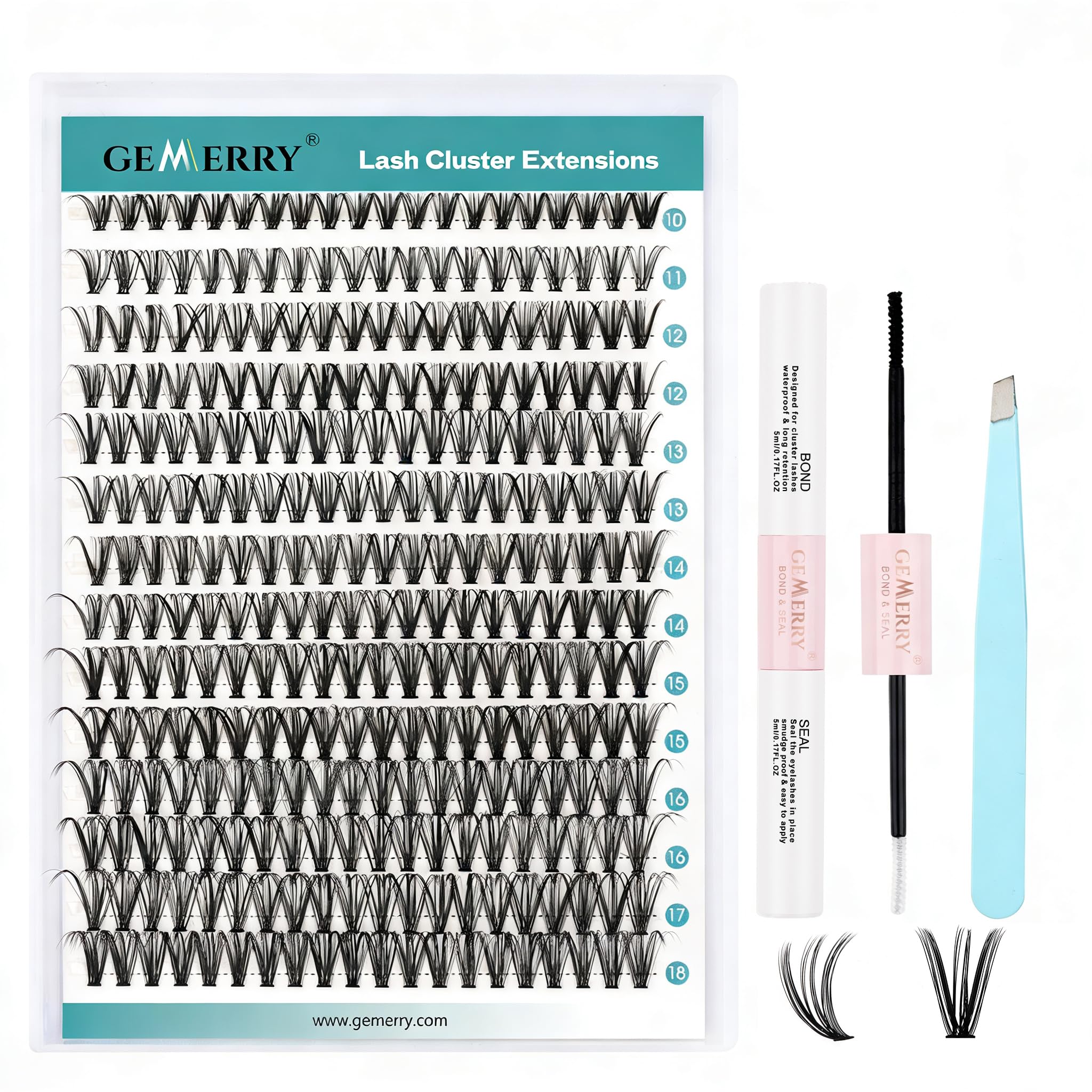 GEMERRY DIY Cluster Eyelash Extensions Kit with Lash Bond and Seal and Applicator for Beginners 280 PCS Individual Lash Cluster Kit 0.07D 10-18 Mix, DIY at Home (30D-0.07D,10-18MIX-KIT)