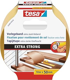 tesa Verlegeband extra stark klebend - Doppelseitiges Klebeband zum Verlegen von Teppich und PVC-Belag - doppelseitig klebend - 10 m x 50 mm