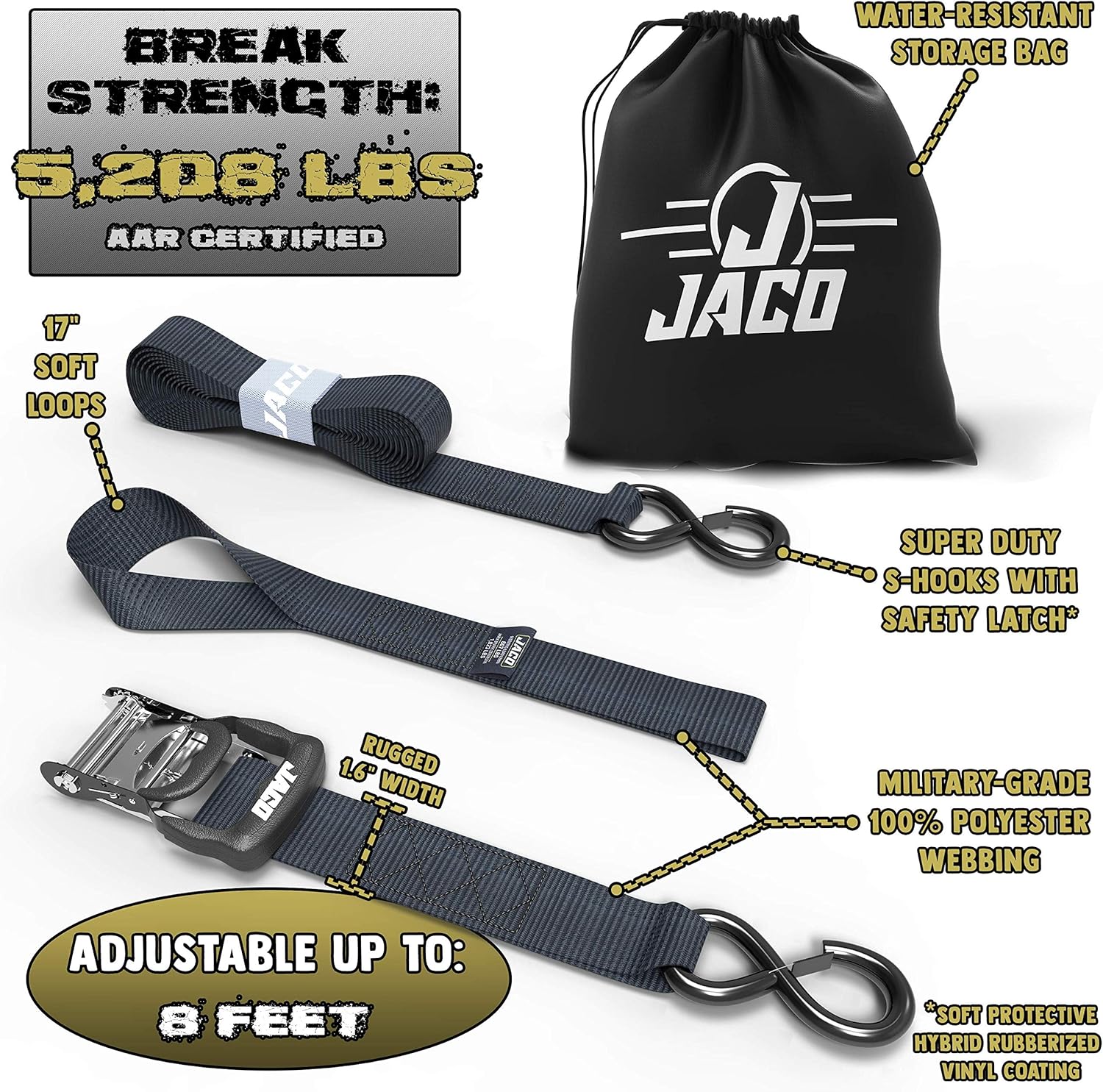 JACO Ratchet Tie Down Straps (Heavy Duty Set) - 1.6" x 8 ft | AAR Certified Break Strength (5,208 lbs) | with (4) Utility Ratchet Straps, (4) 17" Soft Loop Tie Downs, and Accessories (Black): Automotive