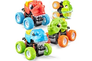 lalalark Dinosaur Toys for 2 3 4 5 Year Old Boys - 3 Pack Monster Truck Toys with Friction Power 360° Rotating Push and Go Cars - Bumping Up and Down Action, Christmas Birthday Gifts for Kids 3-5