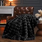 PLUUSHUU Faux Fur Throw Blanket for Couch, Fluffy Fuzzy Plush Bubble Blanket, Soft Warm Cozy Shaggy Rabbit Blanket, Luxury Decorative Gifts for Sofa Bedroom Living Room, 60x50inch (Black)
