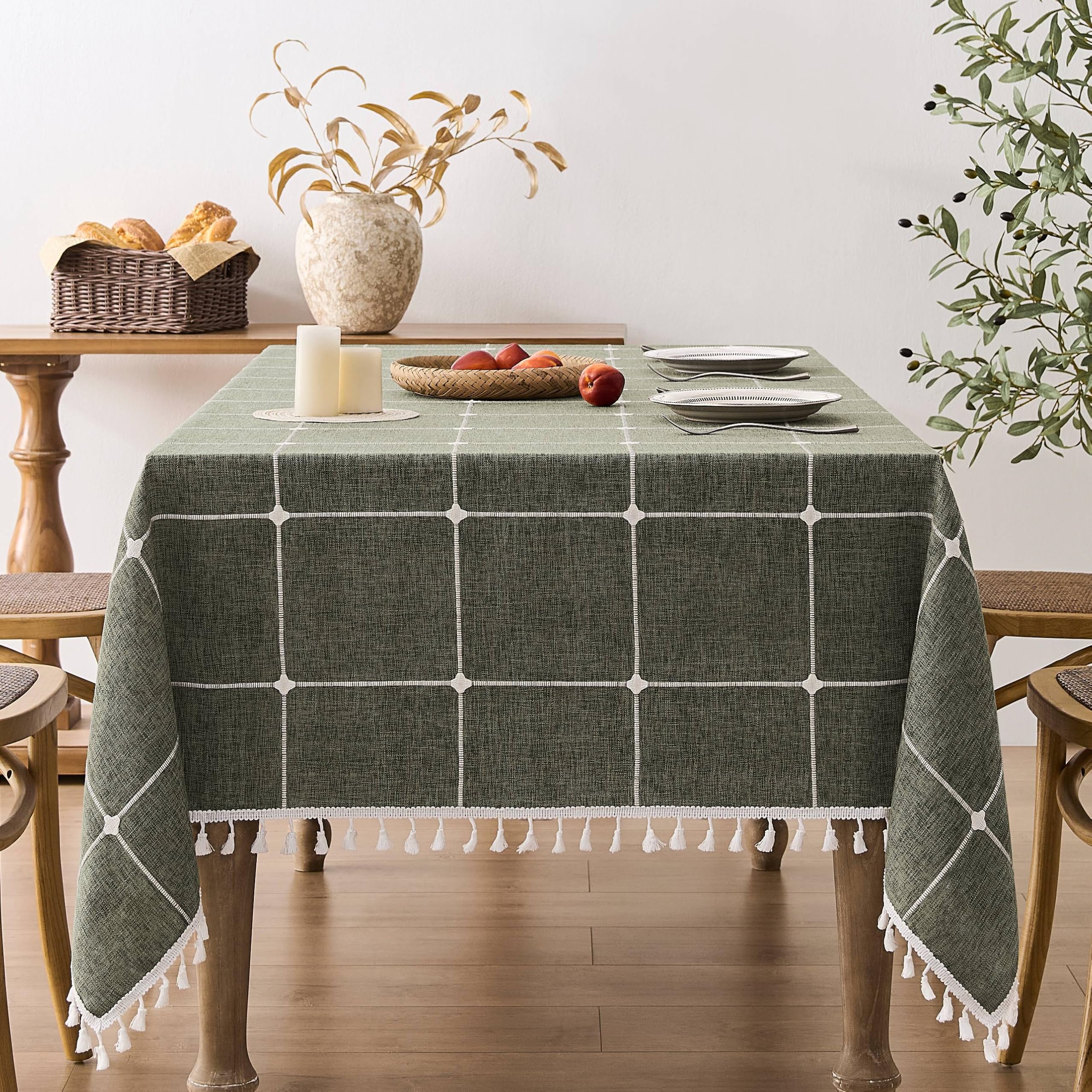 ZeeMart Boho Grid Table Cloth with Tassels (Olive, 60" x 120"), Heavy Weight Linen Checked Embroidered Farmhouse Tablecloth, Water Resistant Rectangle Olive Green Tablecloths Image