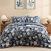 BLOOMHAVEN Queen Comforter Set -7 Pieces Floral Antique Blue Comforter Set for All Seasons, Bed in a Bag Queen with Botanical Flowers Comforter, Sheets, Pillowcases & Shams