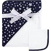 Hudson Baby Unisex Baby Cotton Hooded Towel and Washcloth, Navy Silver Star, One Size