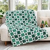 St. Patrick's Day Blanket, Green Shamrock Throw Soft Fuzzy Plush Cozy Fleece Blanket for Couch Sofa Bed, Irish Themed Home Decor Gift, 50 x 60 Inches