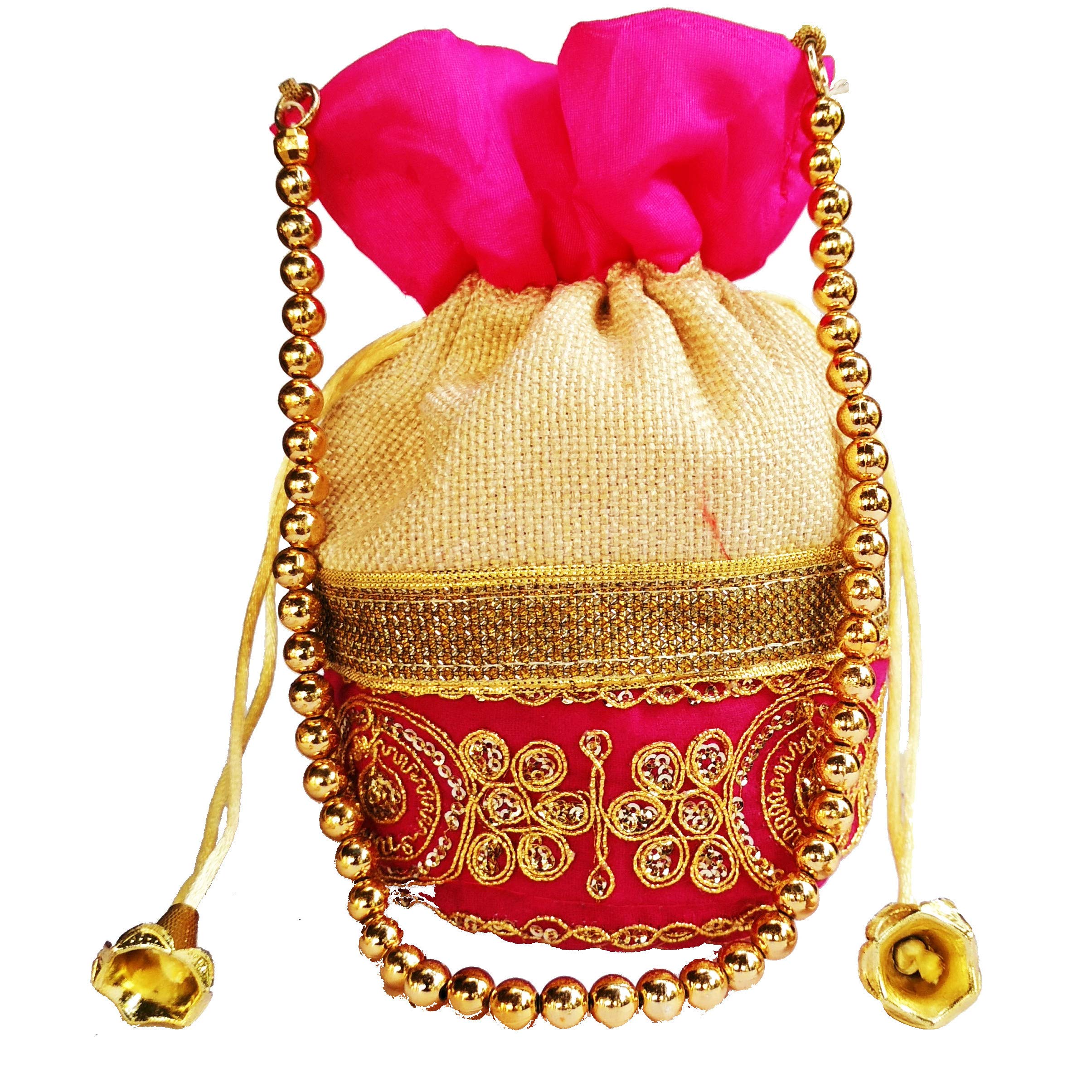 Purpledip Rich Velvet & Jute Potli Bag (Clutch, Drawstring Purse, Evening Handbag) For Women With Gold Embroidery Work and Golden Beads String, Fuchsia Pink (11478)