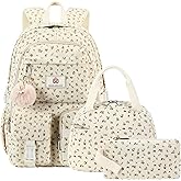 Hidds School Backpack with Lunchbox for Teens Girls Women 15.6 Inch Laptop College Backpacks with Lunch Bag Bookbag Set Corduroy Kids Elementary Middle High Bags Students Daypack - Beige Floral Set