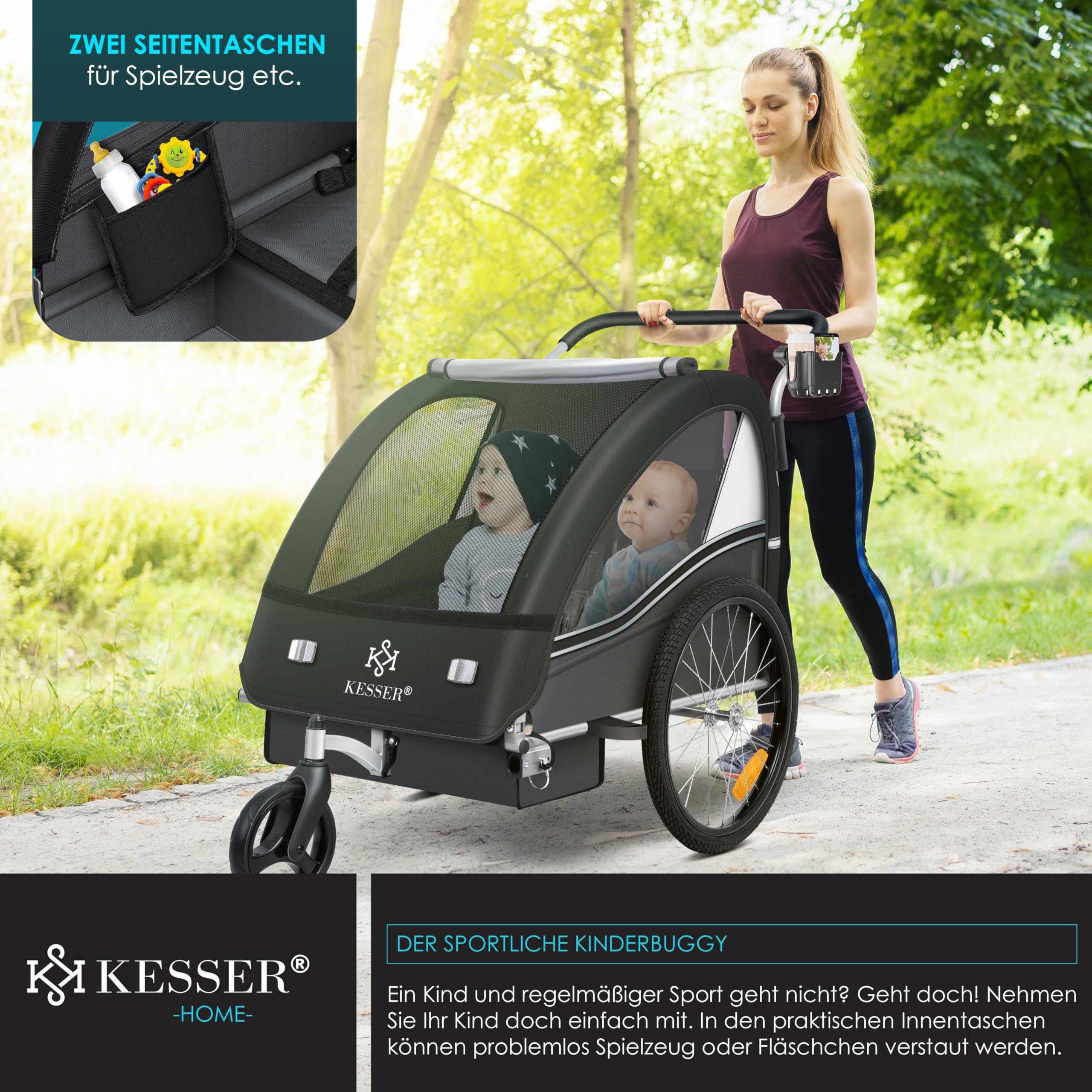 KESSER® Kinderfahrradanhänger Sport-RX 2in1 Jogger & Buggy 5-Punkt-Gurt Sicherheitsgurt 360° Vorderrad Kinderfahrradanhänger Reflektoren für 1-2 Kinder (max. 40 kg) Getränkehalter & Smartphonefach 6