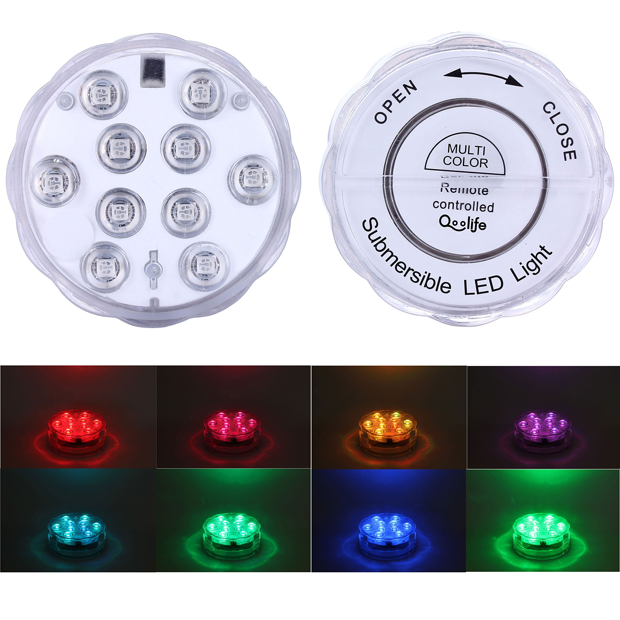 Qoolife Submersible Led Lights Remote Controlled, Battery Powered, RGB Changing Waterproof Light for Event Party and Home Decoration, Multi Color, Set of 2
