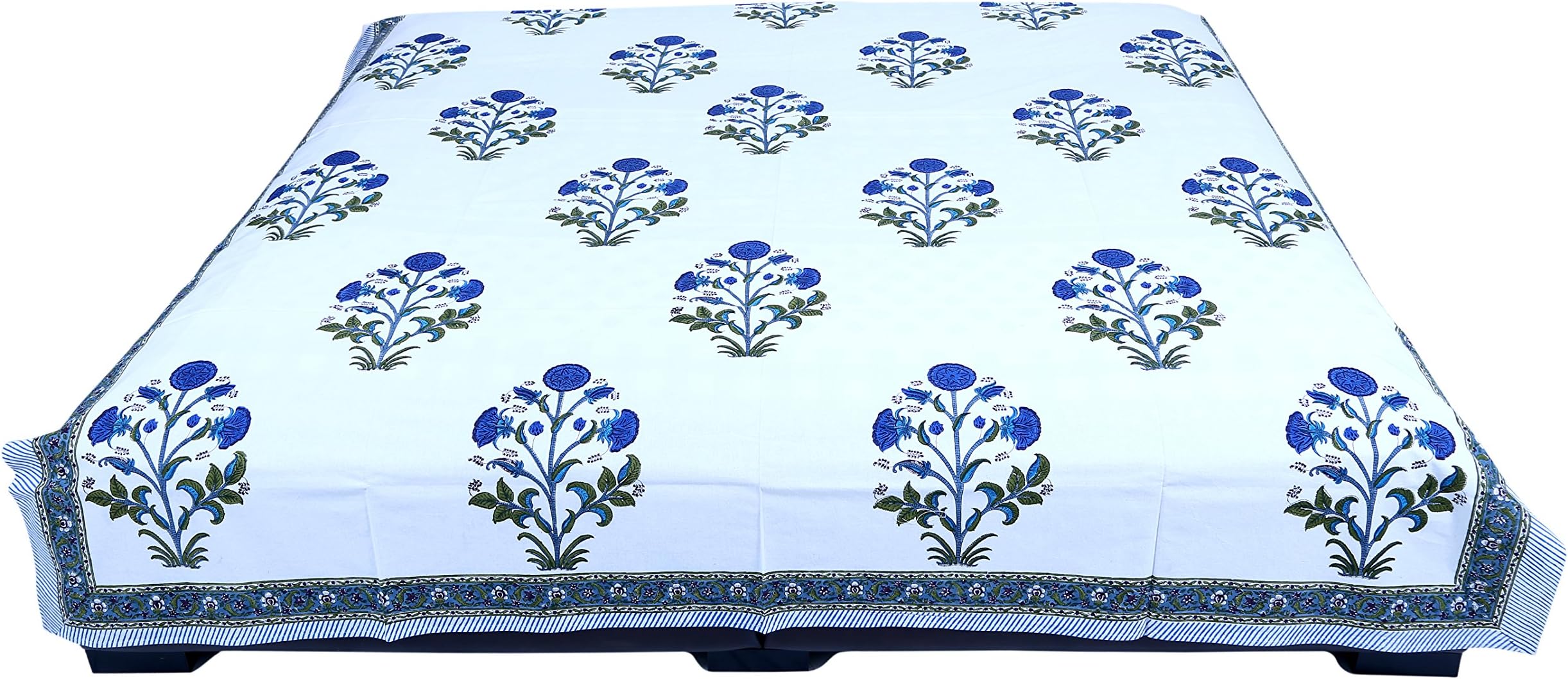 Antiquia Export Jaipuri Natural Vegetable Colors Block Print Cotton Double Bedsheet With 2 Pillow Covers- White Base With Blue Tulips(90" X 108")