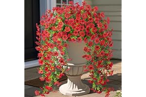 Ammyoo Artificial Hanging Flowers for Outdoors Fake Plants Spring Summer Decoration, 2 Pack Silk Colorful Daisy Realistic Faux Outdoor Flowers UV Resistant Porch Patio Window Yard Decor(Red)