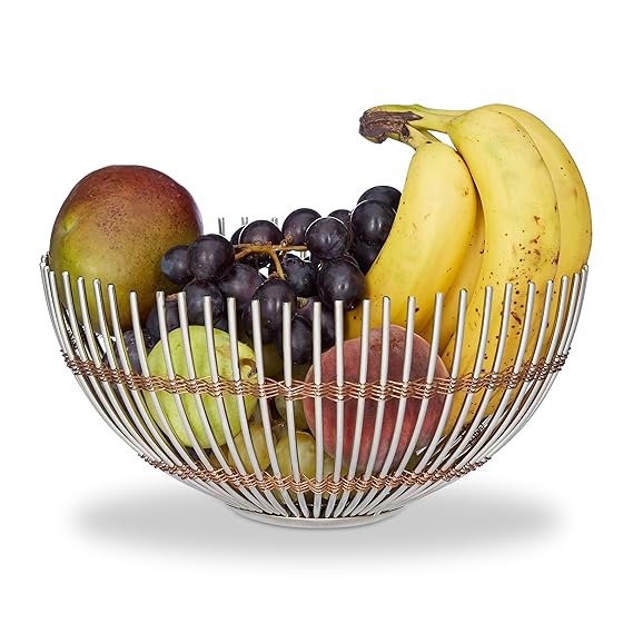 Relaxdays Chic Metal Fruit Bowl, Round Fruit Basket, Bread Bowl Wire