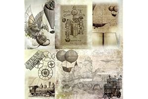 USNYABNI Light Steampunk Mulberry Rice Paper, 8 x 10.5 inch - 6 x Different Printed Mulberry Paper Images 30gsm Visible Fibres for Decoupage Crafts Mixed Media Collage Art