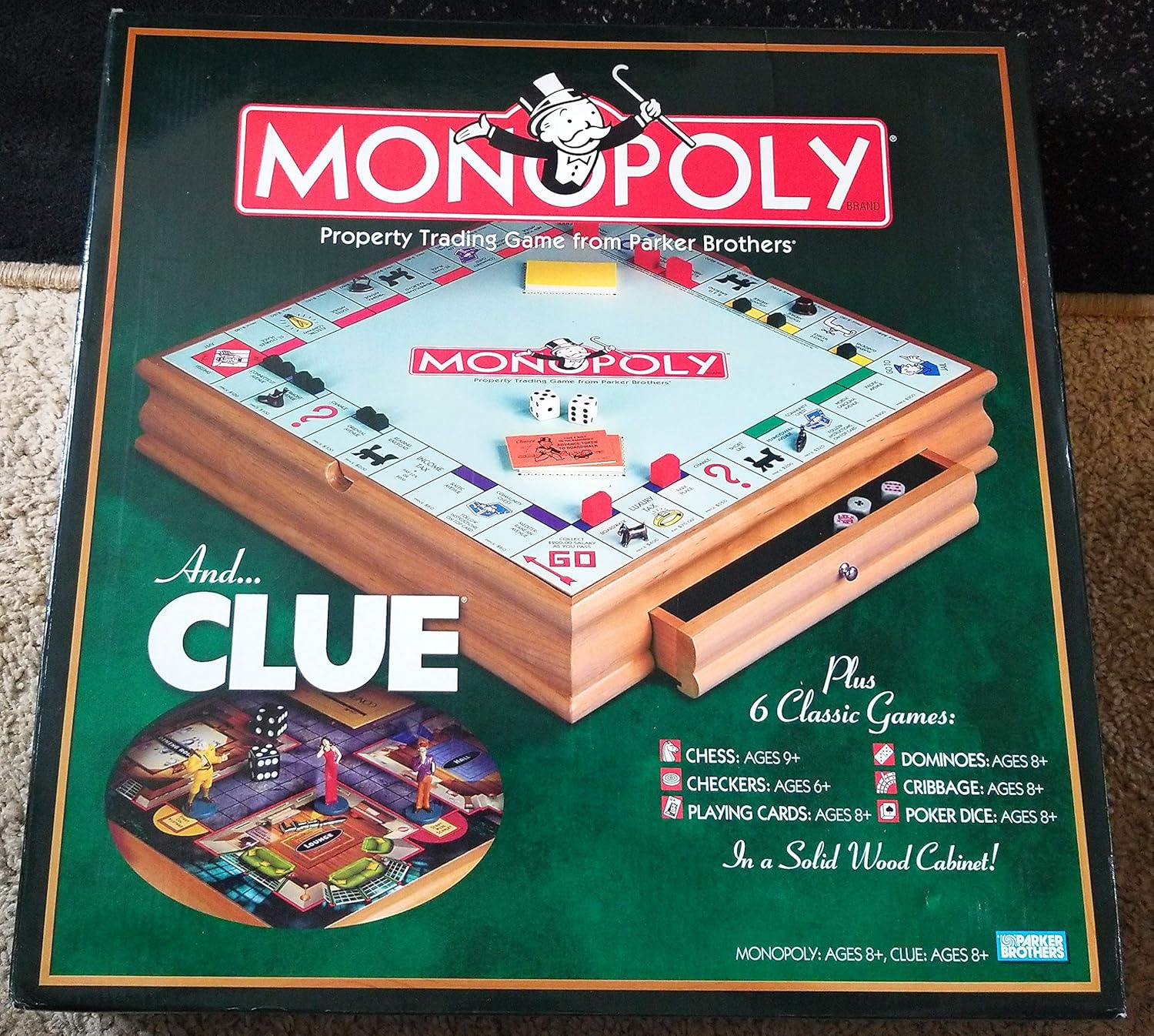 Monopoly and Clue Plus 6 Classic Games in a Solid Wood Board
