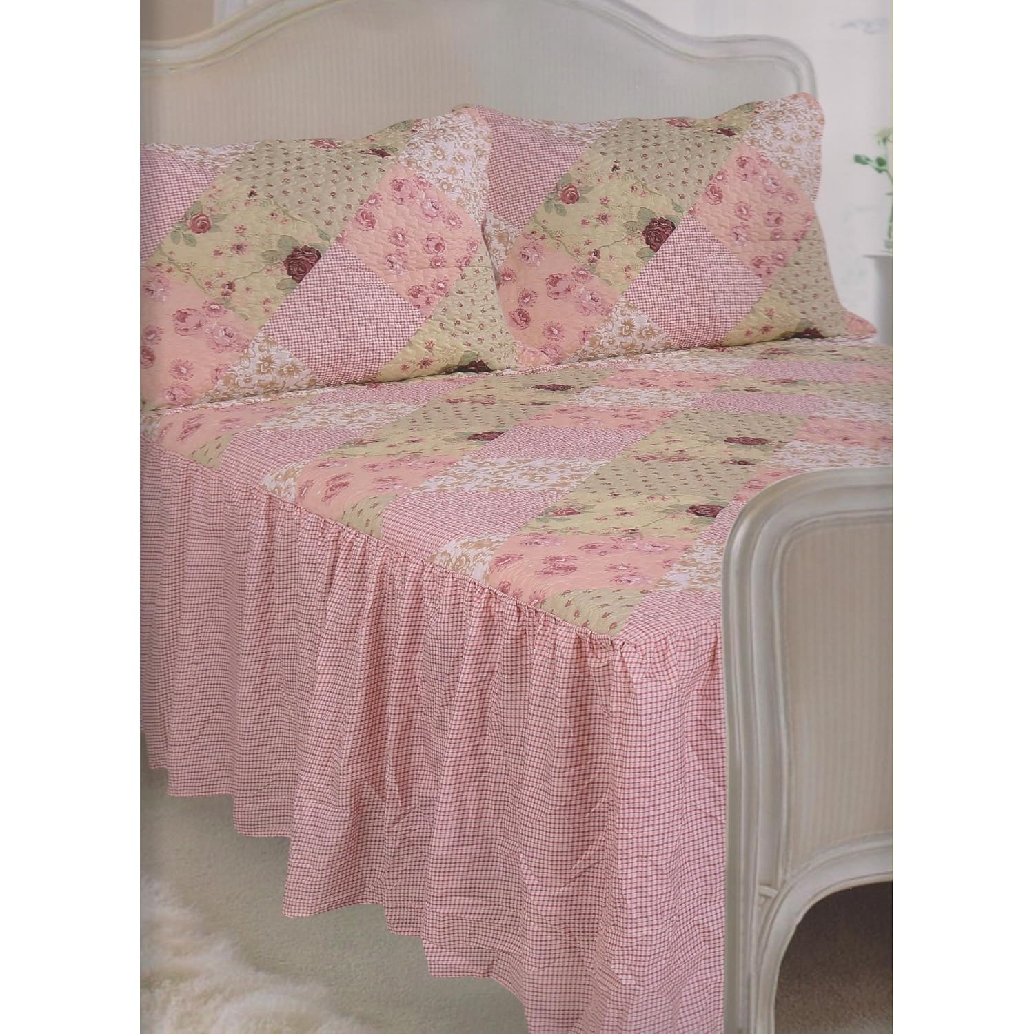 Traditional Vintage Quilted Fitted Bedspread Set Double Size Bedspread & 2 Pillowshams Frilled