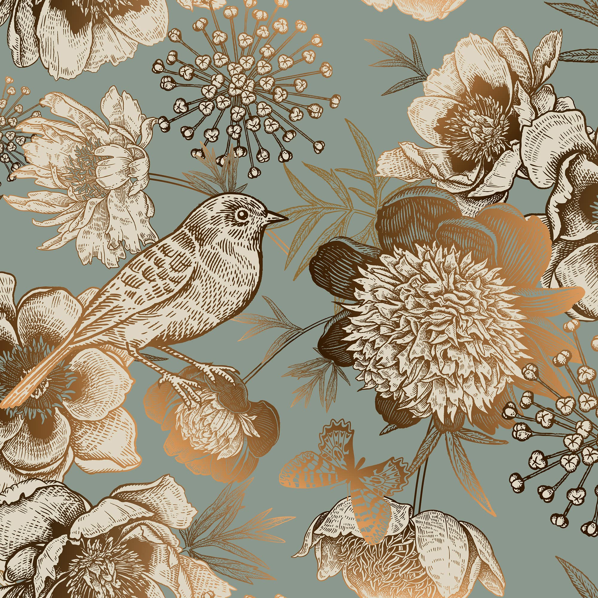 Photo 1 of ReWallpaper 17.5in X 23ft Peel and Stick Wallpaper Antique Gold Teal Flowers & Birds Self Adhesive Removable Floral Wallpaper for Bedroom Renter Friendly Floral Contact Paper for Walls Cabinets Shelf