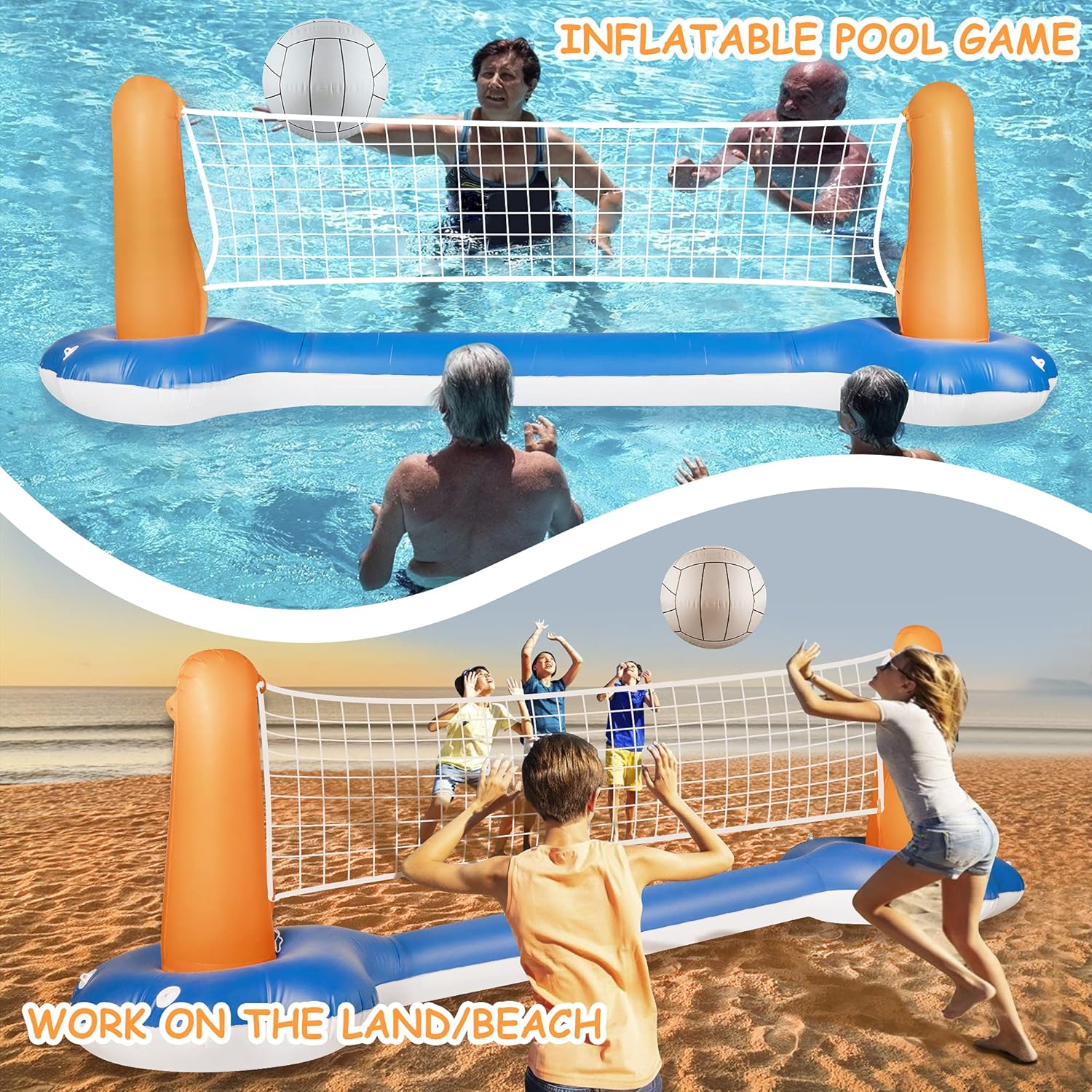 HOOJO Inflatable Pool Games Pool Volleyball Set & Basketball Hoop, Pool Toys for Teens and Adults, 2-Balls Swimming Pool Toys with Volleyball Court(105''x35''x28'' ) & Basketball (27''x27''x23): Toys & Games
