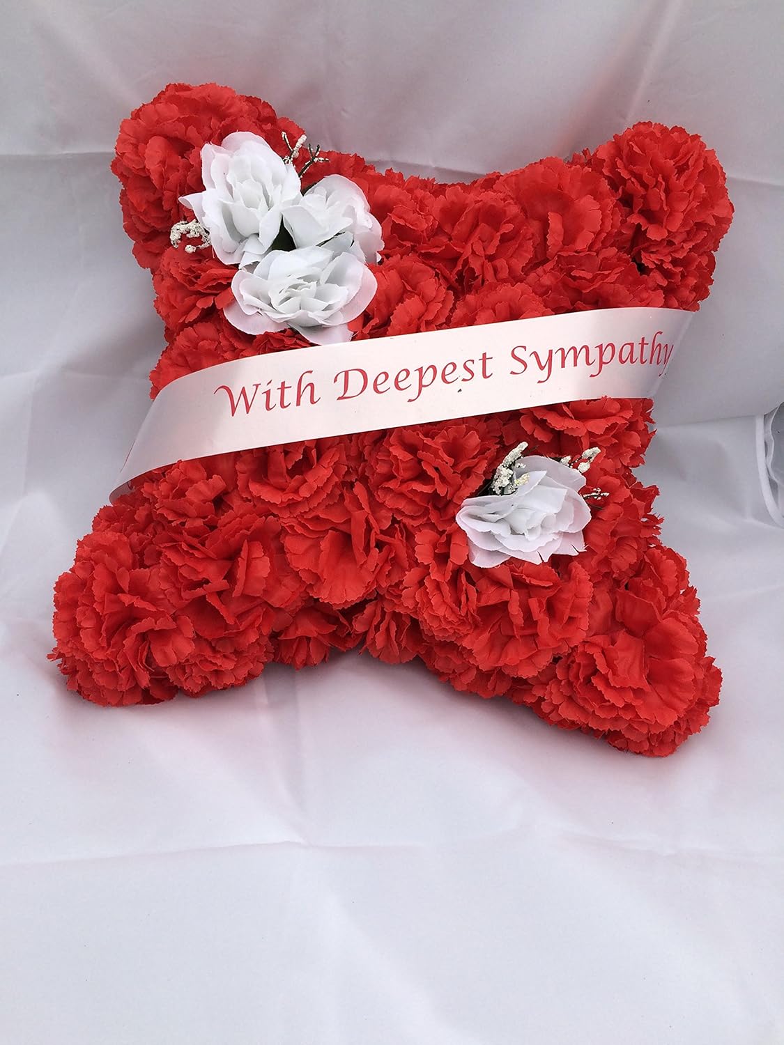 Red Cushion Funeral Wreath with White Rose Detail and with Deepest