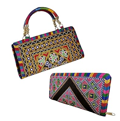 GiftingTree Jaipuri Embroidery Work Girls Rajasthani Clutch Cotton Multicolour Handbag