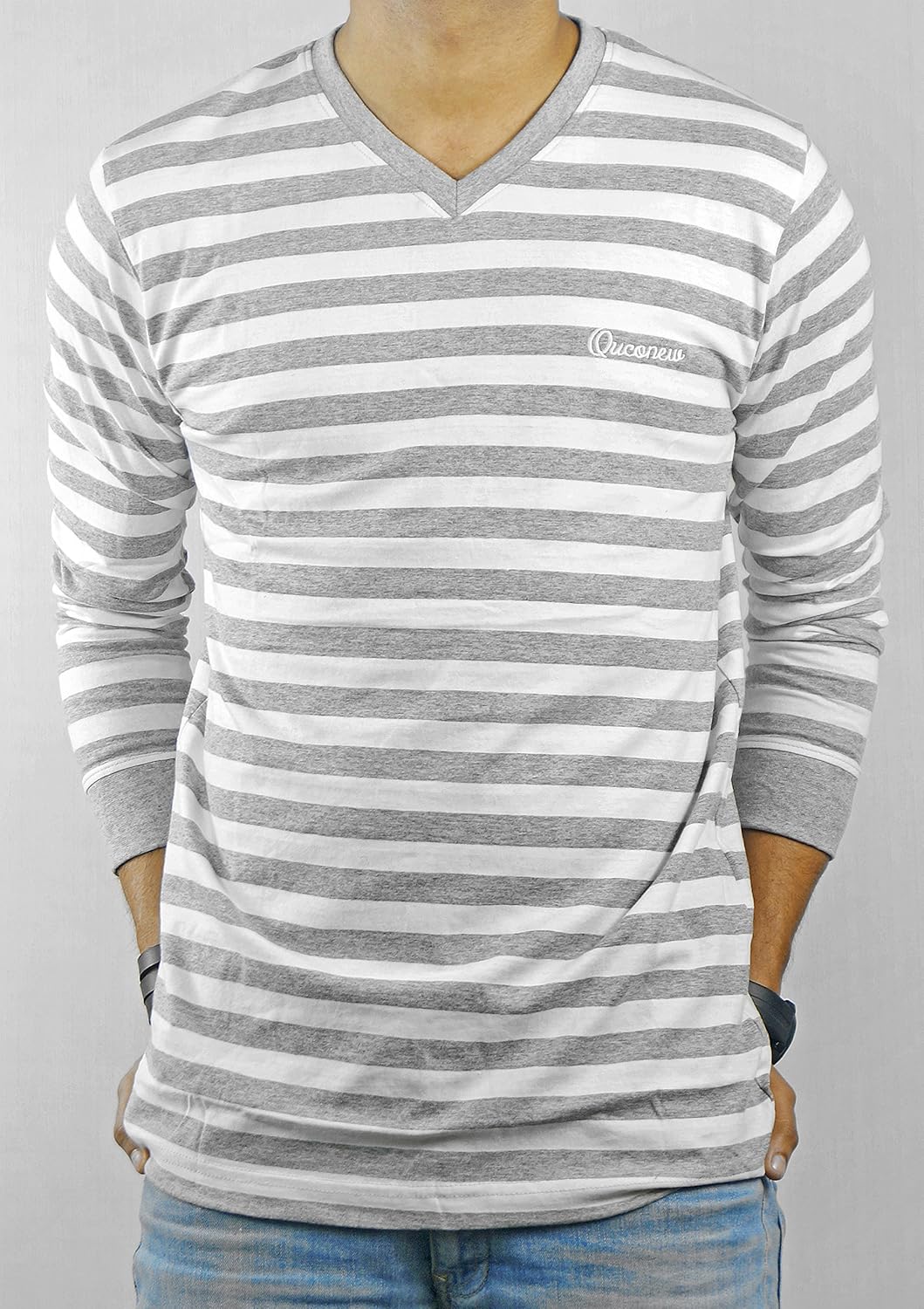 rubber tees men's white-charcoal v-neck full sleeve stripped t-shirt (white)