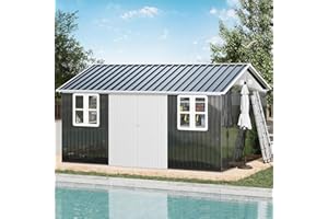 12x14x8.5 FT Galvanized Steel Outdoor Storage Shed with 2 4-Pane Windows Lockable Door, Nordic Cottage Shed for Backyard, Gar