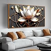 Lotus Flower Wall Art for Living Room, Floral Canvas Wall Decor for Bedroom, Black White and Gold Picture Print, Large Size 59 x 29 Inches Framed