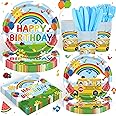 XueXiceili 120PCS Cartoon Melon Birthday Party Supplies for Boys and Girls 1st 2rd Birthday Party School Bus Rainbow Watermelon Tableware Set Napkin Cups Forks Knives for 20 Guests