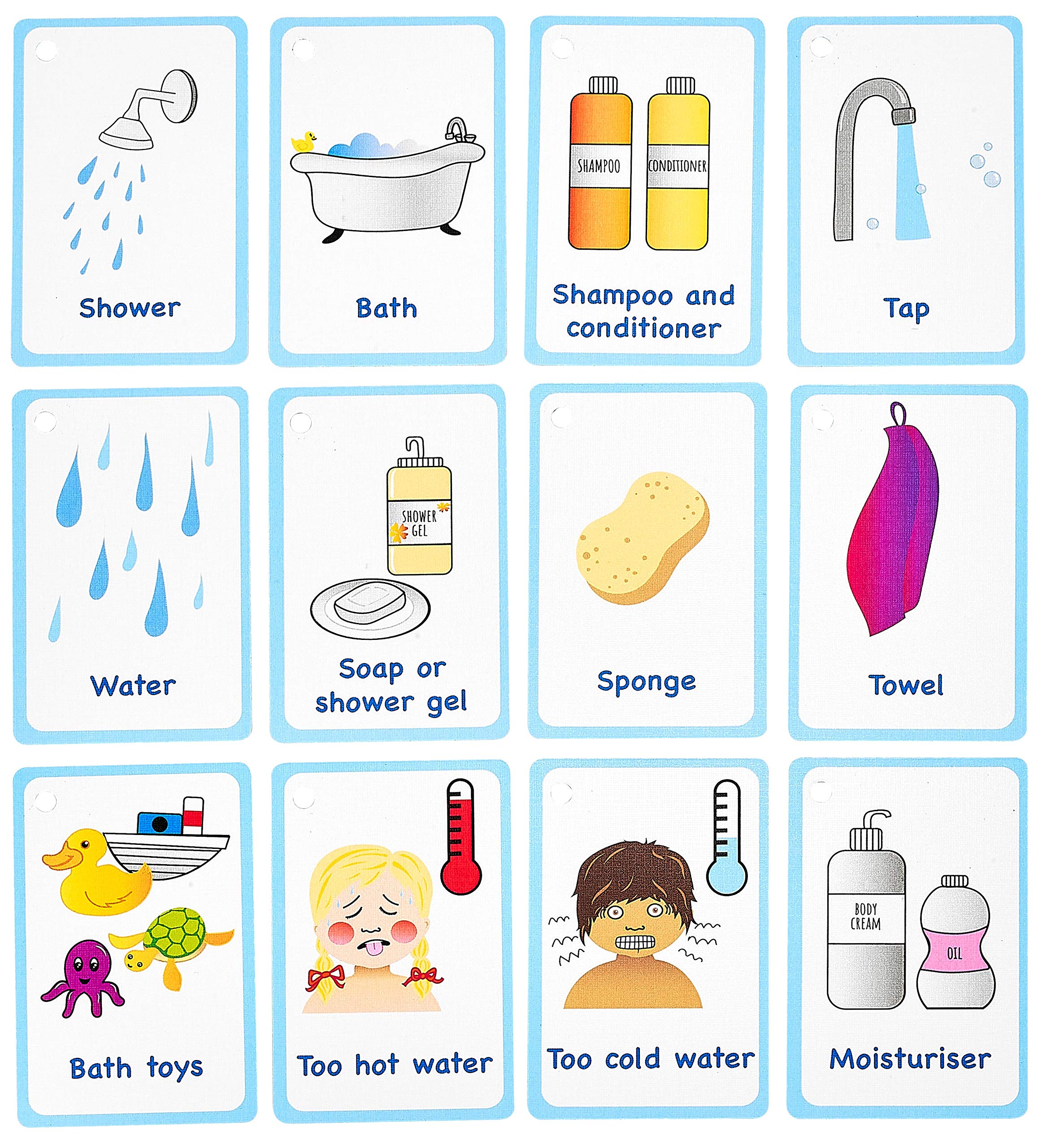 Amonev My Bath Time Routine Cards 12 Flashcards for visual aid Special Ed, Speech Delay Non Verbal Children and adults with Autism or Special Needs