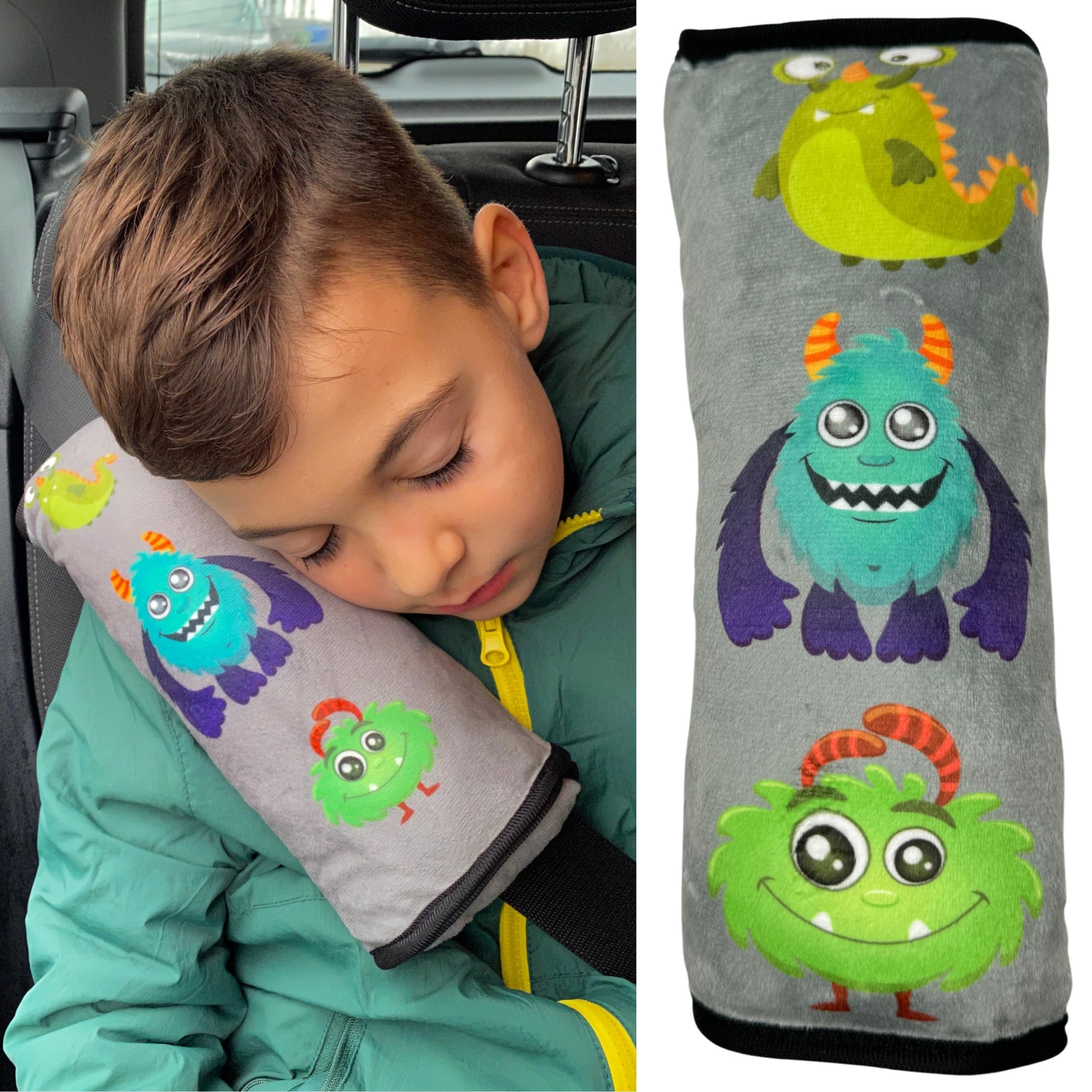 HECKBO monster car seatbelt pillow for children - machine washable - girl boy kids children soft car seat belt cover sleeping pillows protection car travel pillow cushion vacation