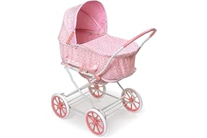 Badger Basket English Style Doll Stroller - Adjustable Canopy Classic Doll Pram - Fits 18 to 22-Inch Dolls - Durable Pretend Play Toy with Smooth Wheels for Kids - Pink Rosebud