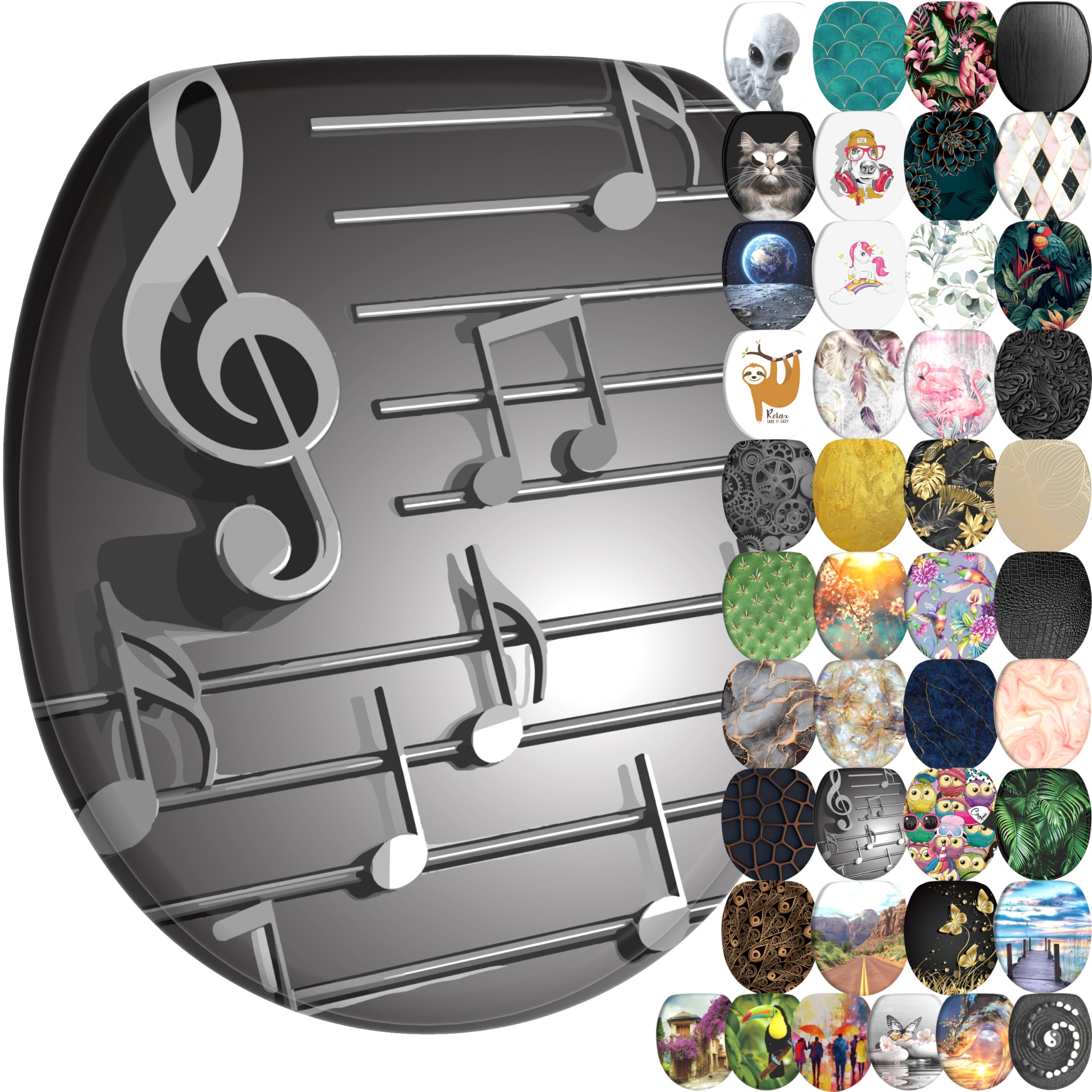 Sanilo Soft Close Toilet Seat, Wide Choice of New Toilet Seats, Stable Hinges, Easy to Mount (Musical Notes)