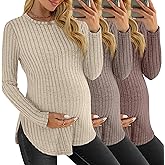 JoyMotion 3 Pack Women's Maternity Shirts, Ribbed Long Sleeve Pregnancy Sweaters Curved Hem Split Side Crew Neck Tunic Tops