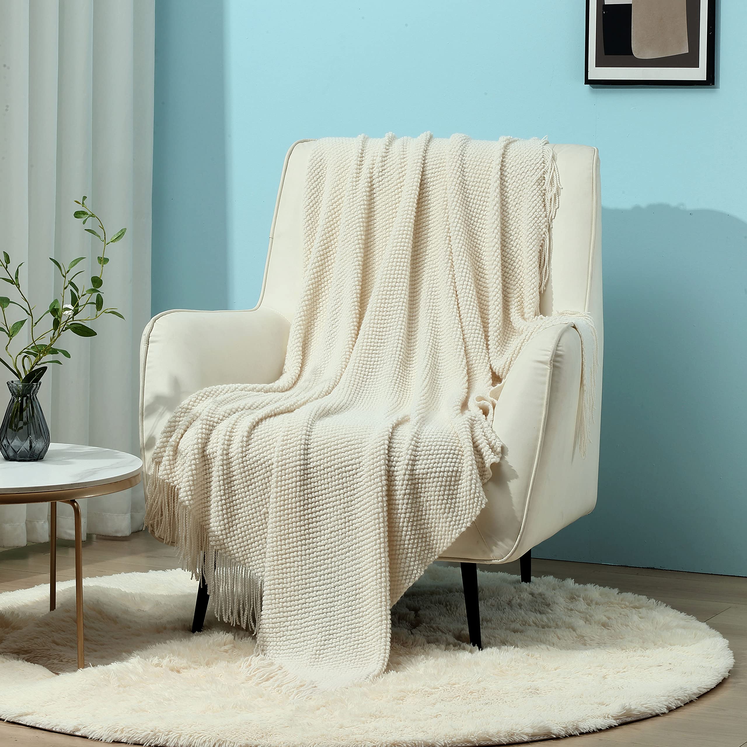 CREVENT Light Blush Pink Knit Throw Blanket for Couch Sofa Chair - Soft and Decorative for Spring Summer (127cm X 152cm Ivory/Off White)