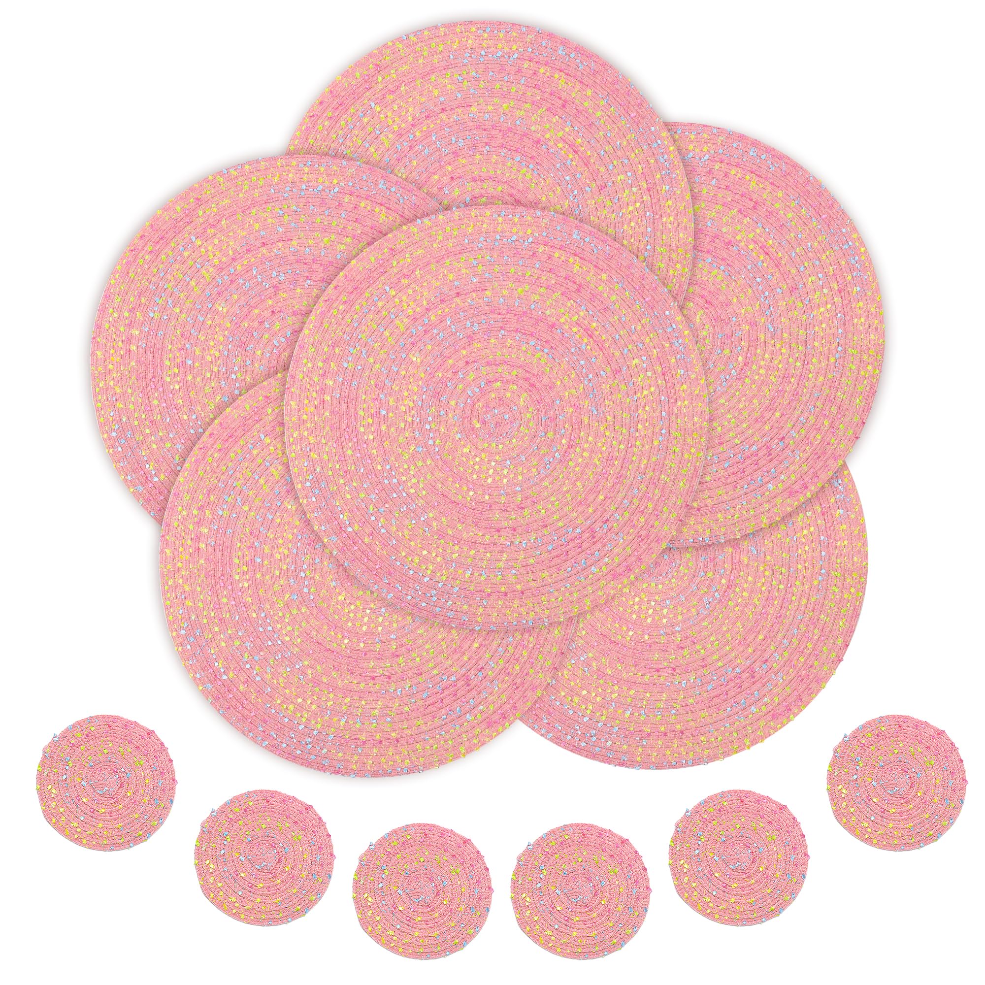 fanquare Pink Placemats and Coaster Sets 6 Cotton Yarn Braided Placemats Round Table Mats Heat Resistant Washable Non-Slip Tablemats for Dining Kitchen Table Decoration 38cm