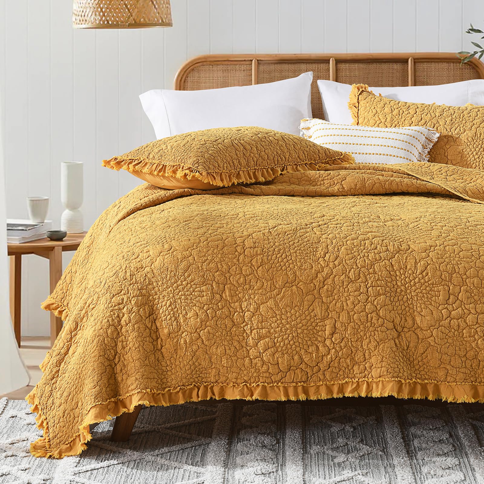 Photo 1 of HORIMOTE HOME Yellow Ruffled Quilt King Size, Stone-Washed Microfiber Lightweight Crinkled Farmhouse Rustic Shabby Chic Bedding Set, 3 Pieces Reversible Bedspread with Pillow Shams for All Season
