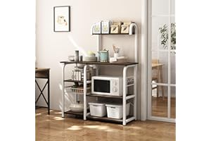 Mexin Bakers Rack with Storage-Coffee Bar 4 Tiers with Wheels & Feet, Microwave Stand with 10 S-Shaped Hooks, Kitchen Rack with Wire，Industrial Retro Style Perfect for Home Decor, Black Walnut