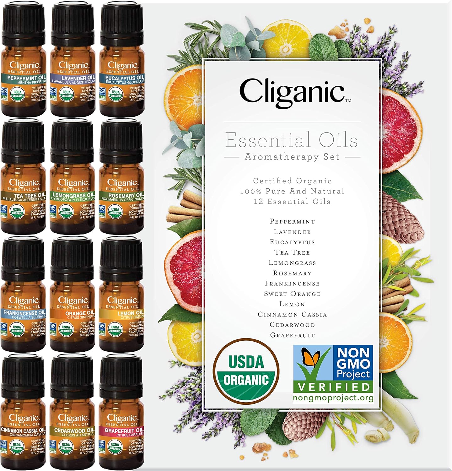 Cliganic USDA Organic Aromatherapy Essential Oils Set (Top 8), 100% Pure Natural - Peppermint, Lavender, Eucalyptus, Tea Tree, Lemongrass, Rosemary, Frankincense & Orange | Cliganic 90 Days Warranty: Beauty