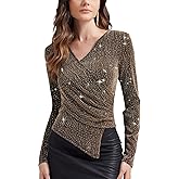 PEIQI Women's Rhinestone Top Long Sleeve Shimmer Glitter Sparkly Blouse for Cocktail Party Evening Shirts