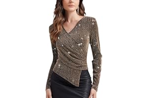 PEIQI Women's Rhinestone Top Long Sleeve Shimmer Glitter Sparkly Blouse for Cocktail Party Evening Shirts