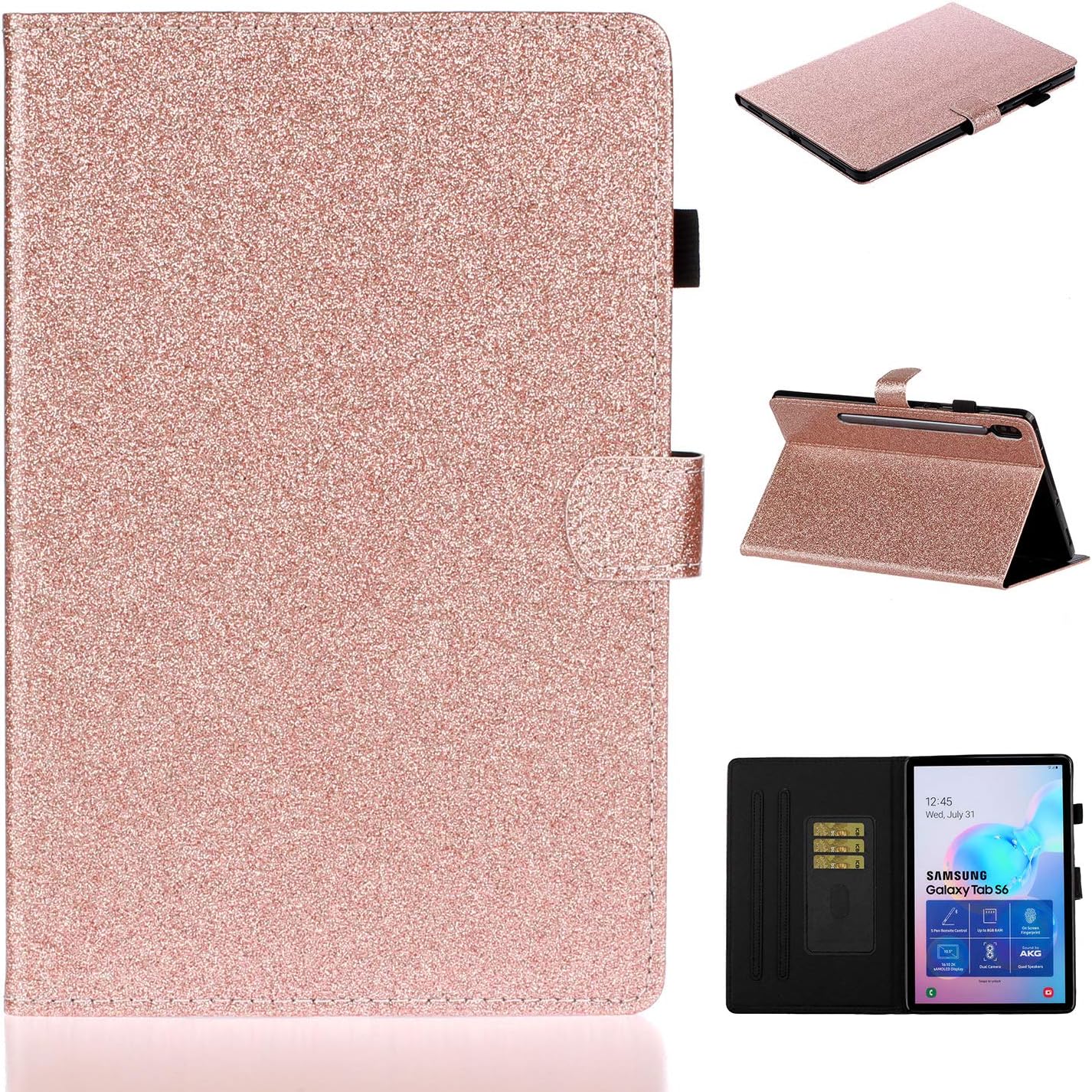 Gostyle Glitter Case Compatible with Samsung Galaxy Tab S6 10.5 T860/T865,Bling Sparkle Leather Magnetic Smart Auto Wake/Sleep Case Slim Flip Card Holder Stand Wallet Cover,Rose Gold