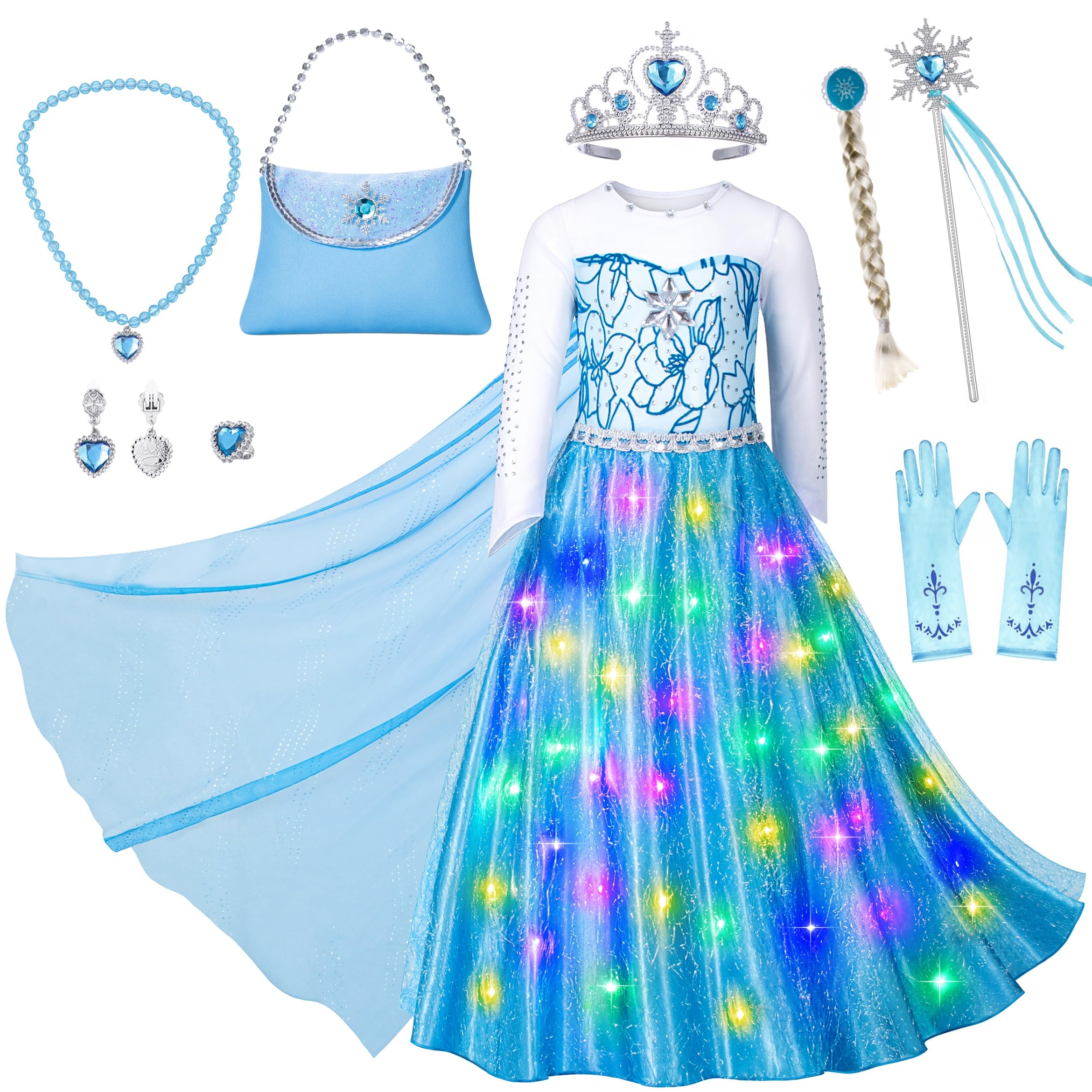 Photo 1 of Kaisebile Light Up Princess Elsa Costume for Little Girls Dress Up- LED Light-Up Princess Elsa Dress for Birthday Halloween Party with Accessories 6-7 Years Blue