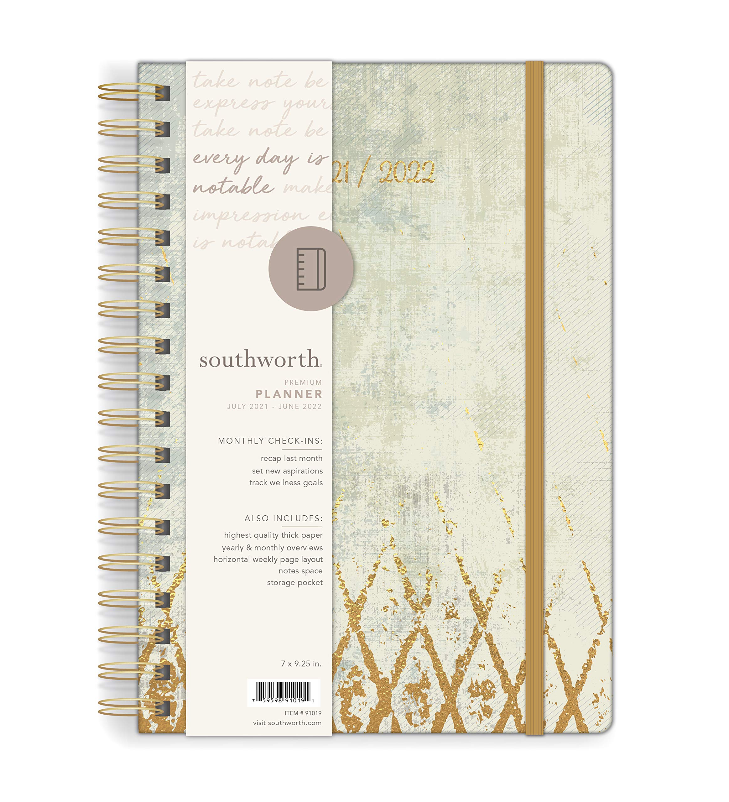 Southworth Academic Planner (July 2021-June 2022), 7" x 9.25", Weathered Gold Weave, Premium 28#/105 gsm Paper, Twin Wire (91019)
