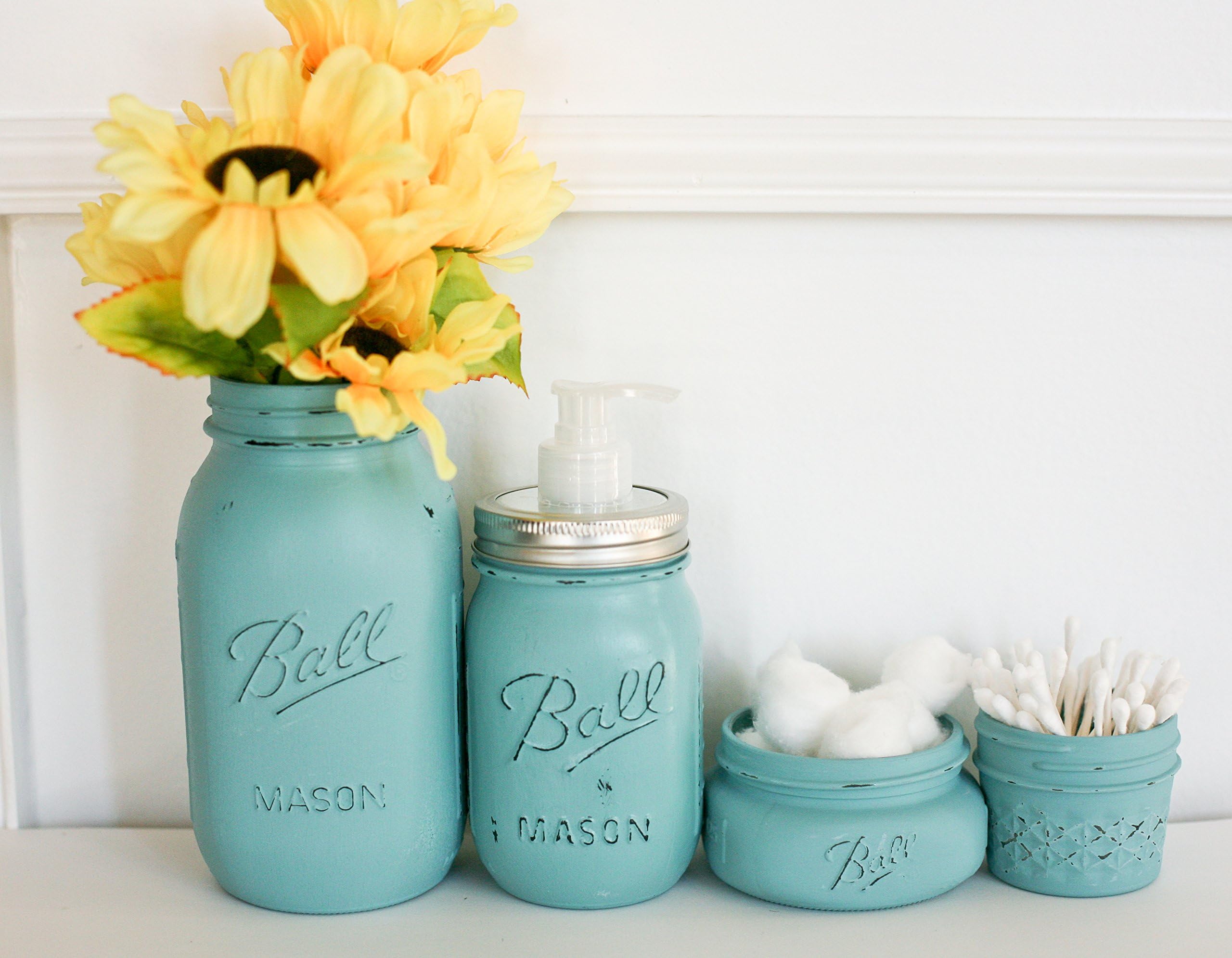 4 Piece Handmade Teal Painted Distressed Mason Jars Bathroom Set - Bathroom Organizer-