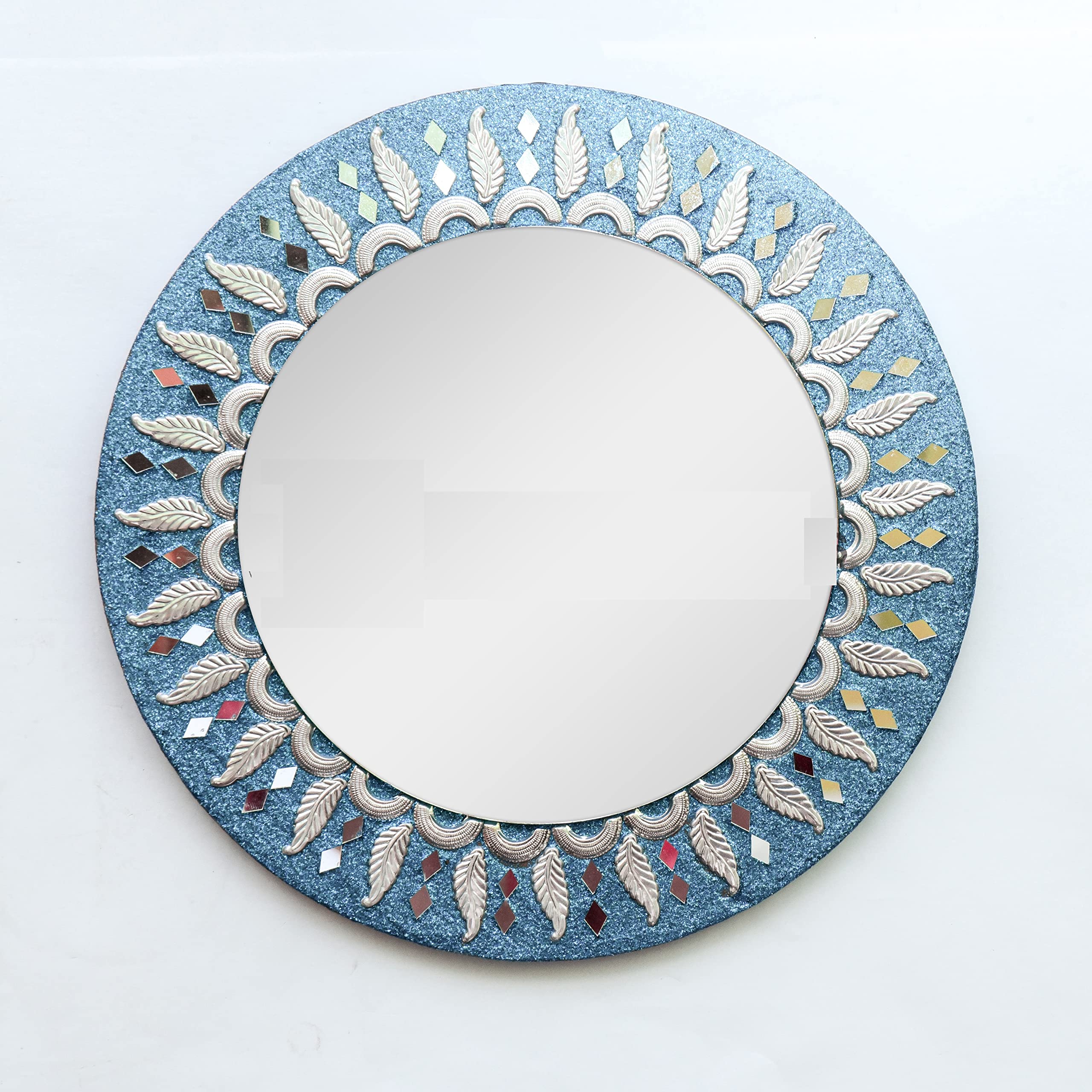 Hind Handicrafts Turquoise Wooden 16" Round Wall Mirror - Large Rustic Accent Mirror for Bathroom, Entry, Dining Room & Living Room