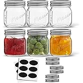 JoyJolt 8 Oz Mason Jars With Lids, Labels and Measures! 6-Pack Regular Mouth Mason Jars, Glass Jar with Lid and Band. Airtight Canning Jars, Overnight Oats Jars, Salad Jars, Sourdough Starter Jar