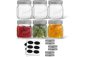 JoyJolt 8 Oz Mason Jars With Lids, Labels and Measures! 6-Pack Regular Mouth Mason Jars, Glass Jar with Lid and Band. Airtight Canning Jars, Overnight Oats Jars, Salad Jars, Sourdough Starter Jar