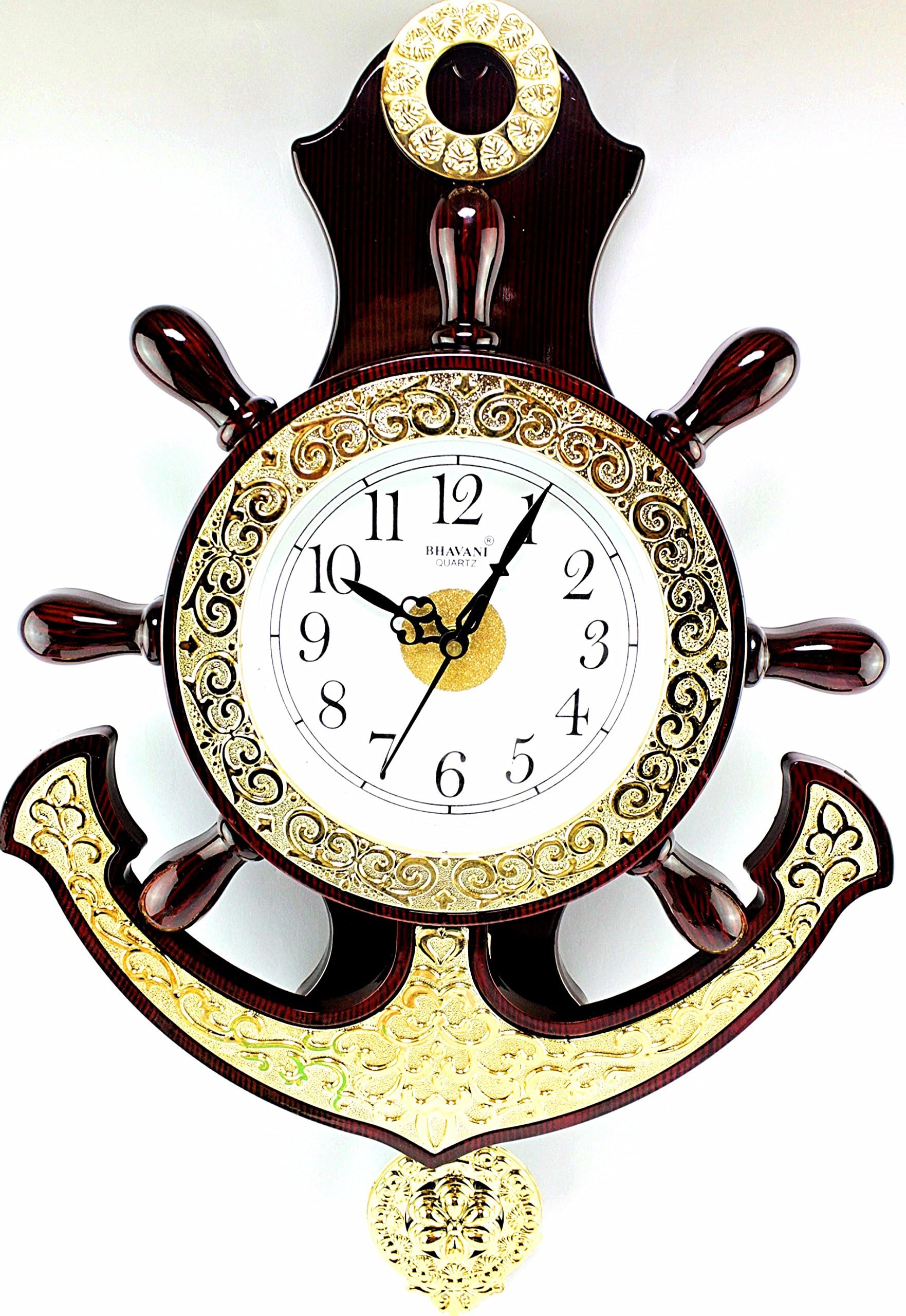 Kommis India Pendulum Wooden Color with Golden Border Big Size Quartz Wall Clock(45 x 30 x 8) cm