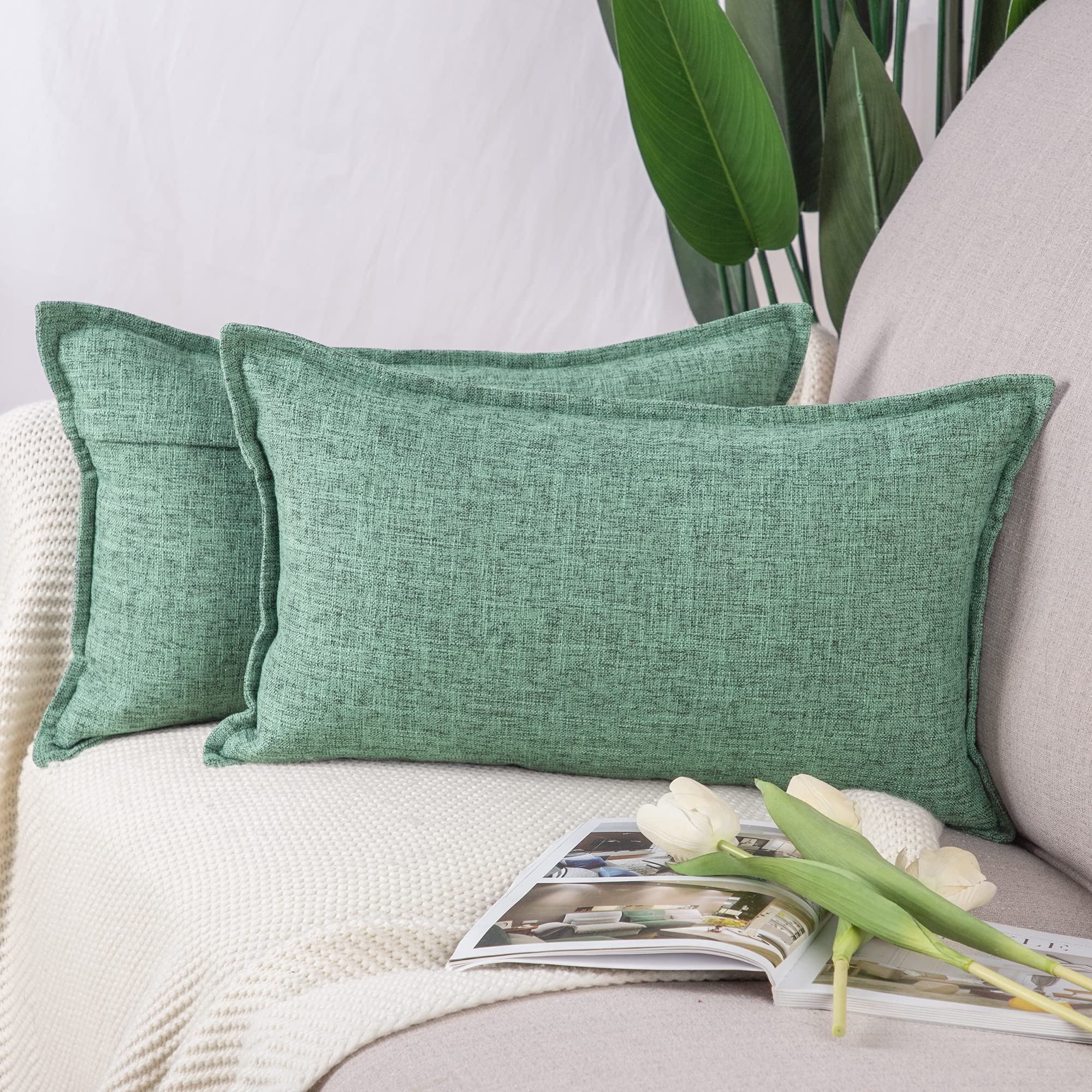 Madizz Set of 2 Faux Linen Cushion Covers 12x20 inch, 30x50 cm, Green Soft Decorative Couch Pillows for Bed Pillowcases for Sofa Livingroom Home Decor
